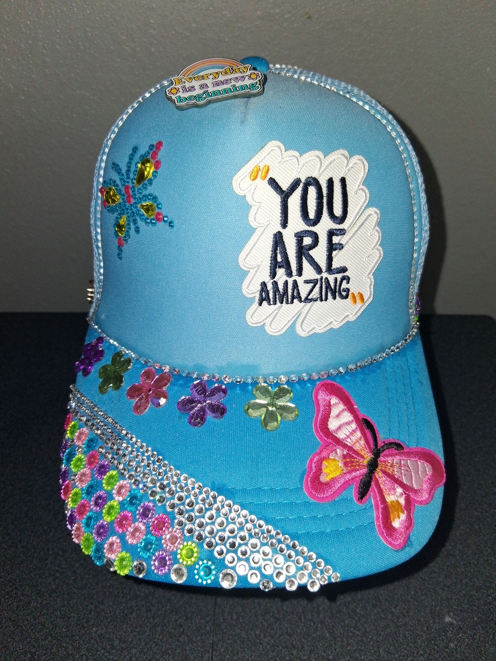Adult Sparkle Blue 'You Are Amazing' Cap with Butterfly Accents